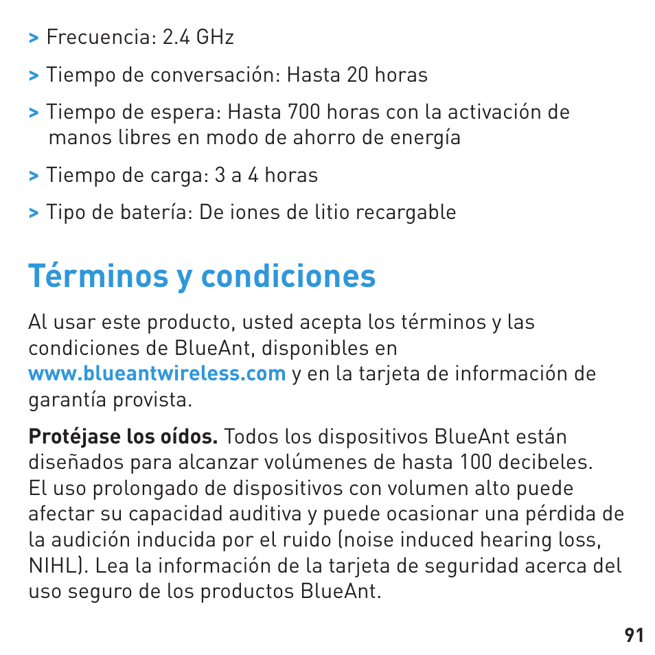 Términos y condiciones | BlueAnt COMMUTE Voice Activated Handsfree User Manual | Page 91 / 96