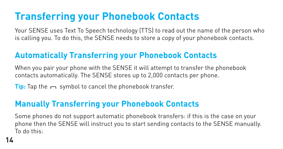 Transferring your phonebook contacts | BlueAnt Sense Speakerphone (S3 Compact) User Manual | Page 14 / 20