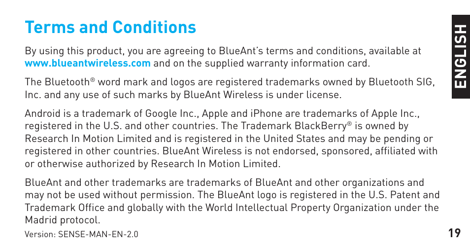 Terms and conditions, En g li sh | BlueAnt Sense Speakerphone (S3 Compact) User Manual | Page 19 / 20