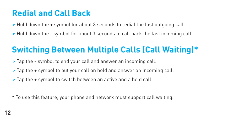 Redial and call back, Switching between multiple calls (call waiting) | BlueAnt Sense Speakerphone (S3 Compact) User Manual | Page 12 / 56
