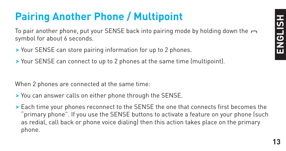 Pairing another phone / multipoint, En g li sh | BlueAnt Sense Speakerphone (S3 Compact) User Manual | Page 13 / 56