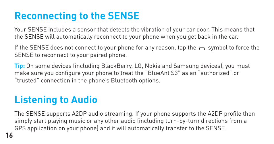 Reconnecting to the sense, Listening to audio | BlueAnt Sense Speakerphone (S3 Compact) User Manual | Page 16 / 56