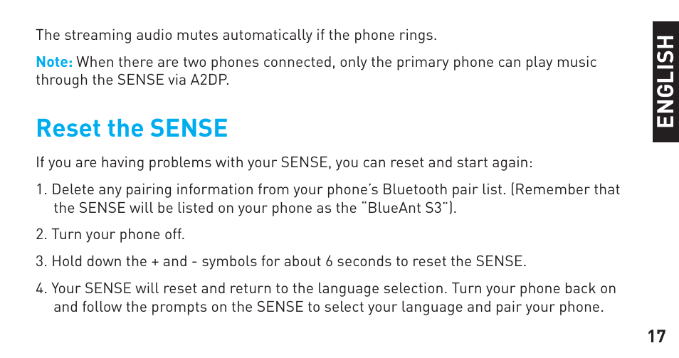Reset the sense | BlueAnt Sense Speakerphone (S3 Compact) User Manual | Page 17 / 56