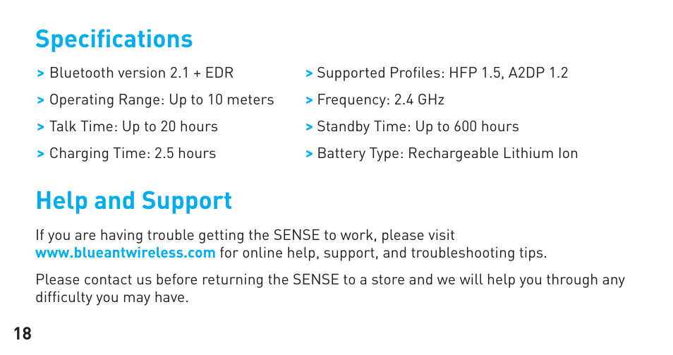 Speciﬁ cations, Help and support | BlueAnt Sense Speakerphone (S3 Compact) User Manual | Page 18 / 56