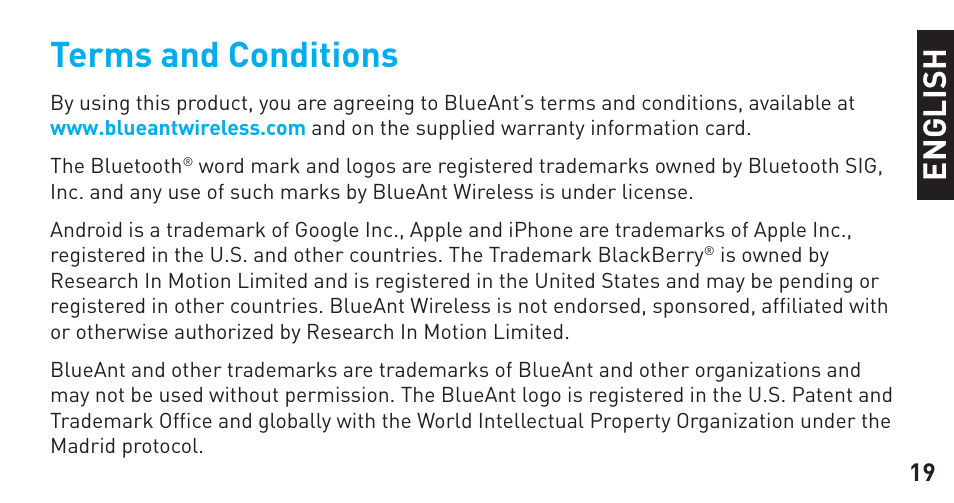 Terms and conditions, En g li sh | BlueAnt Sense Speakerphone (S3 Compact) User Manual | Page 19 / 56