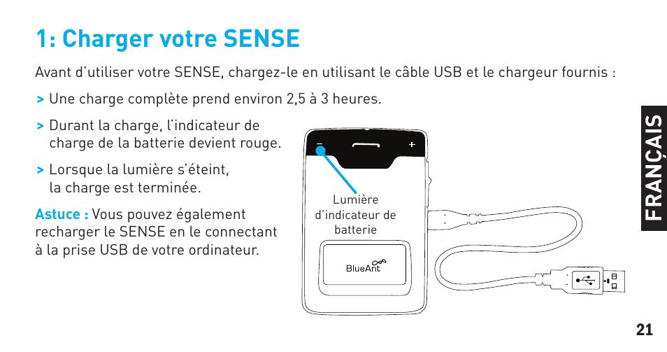 Charger votre sense, Fr a n ça is | BlueAnt Sense Speakerphone (S3 Compact) User Manual | Page 21 / 56