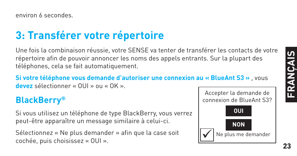 Transférer votre répertoire, Fr a n ça is | BlueAnt Sense Speakerphone (S3 Compact) User Manual | Page 23 / 56