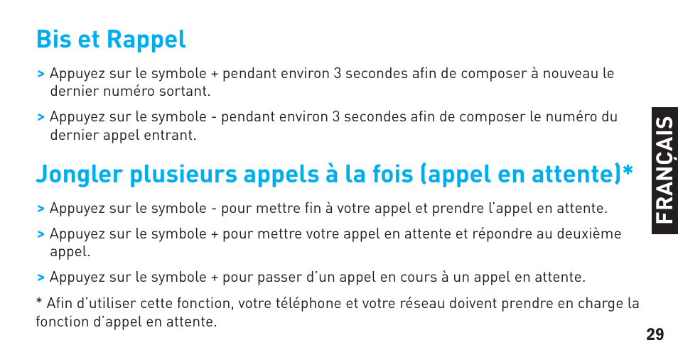 Bis et rappel, Fr a n ça is | BlueAnt Sense Speakerphone (S3 Compact) User Manual | Page 29 / 56