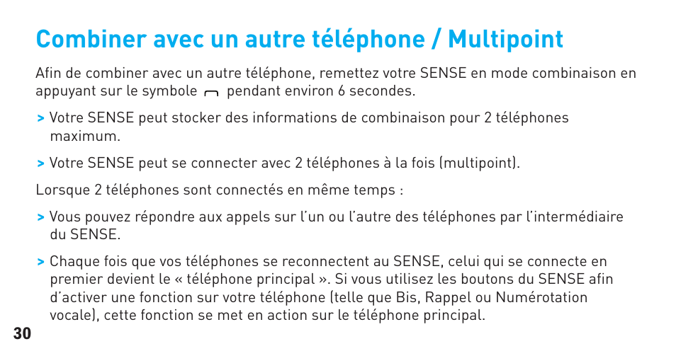 Combiner avec un autre téléphone / multipoint | BlueAnt Sense Speakerphone (S3 Compact) User Manual | Page 30 / 56