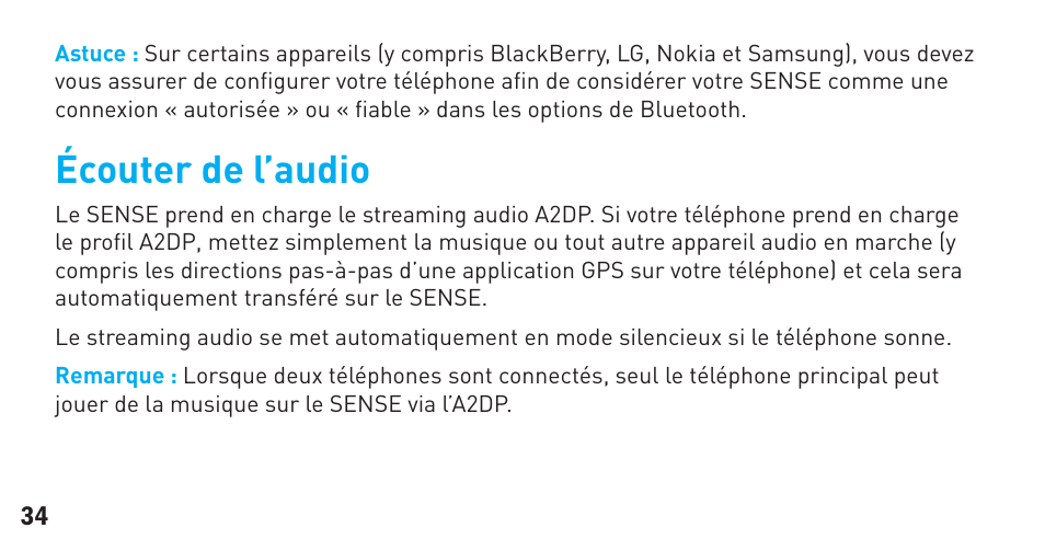 Écouter de l’audio | BlueAnt Sense Speakerphone (S3 Compact) User Manual | Page 34 / 56