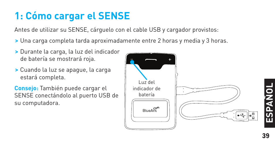 Cómo cargar el sense, Es pa ñ o l | BlueAnt Sense Speakerphone (S3 Compact) User Manual | Page 39 / 56