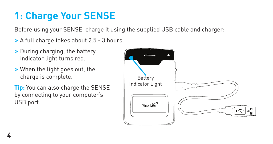 Charge your sense | BlueAnt Sense Speakerphone (S3 Compact) User Manual | Page 4 / 56
