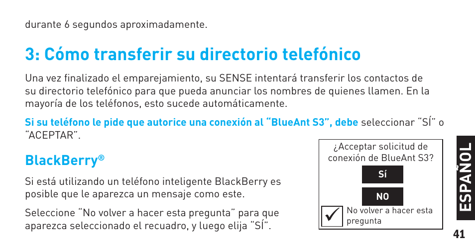 Cómo transferir su directorio telefónico, Es pa ñ o l | BlueAnt Sense Speakerphone (S3 Compact) User Manual | Page 41 / 56