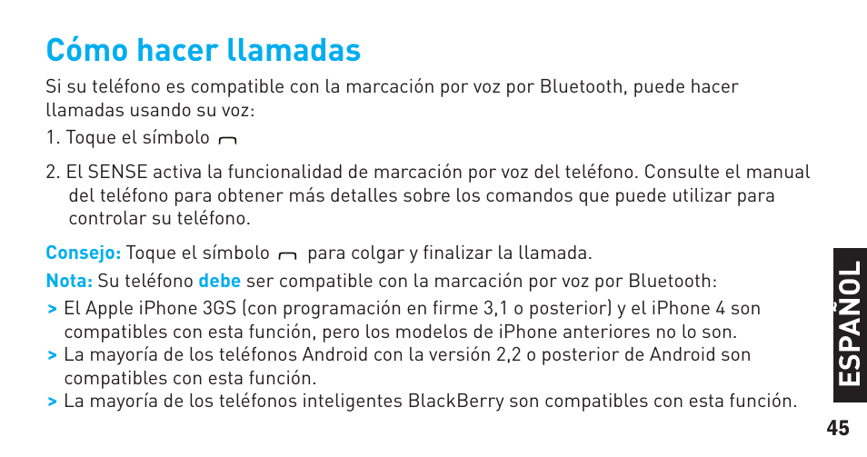 Cómo hacer llamadas, Es pa ñ o l | BlueAnt Sense Speakerphone (S3 Compact) User Manual | Page 45 / 56