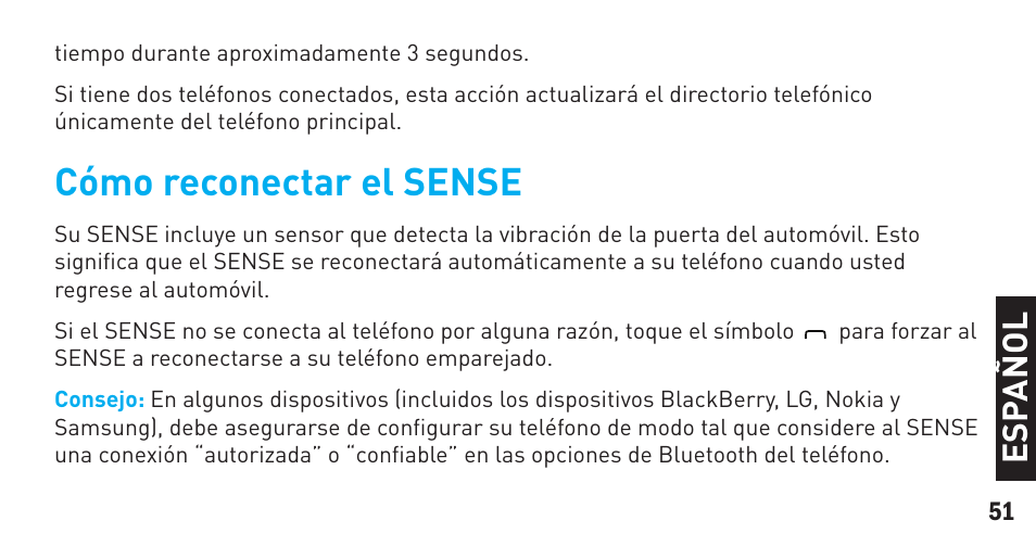 Cómo reconectar el sense | BlueAnt Sense Speakerphone (S3 Compact) User Manual | Page 51 / 56