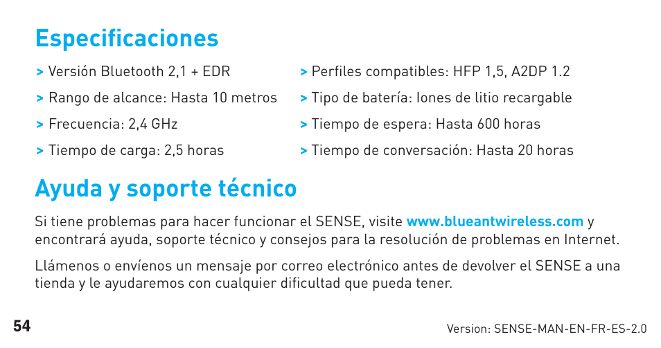 Especiﬁ caciones, Ayuda y soporte técnico | BlueAnt Sense Speakerphone (S3 Compact) User Manual | Page 54 / 56