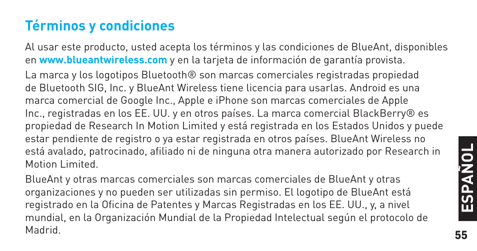 Es pa ñ o l | BlueAnt Sense Speakerphone (S3 Compact) User Manual | Page 55 / 56