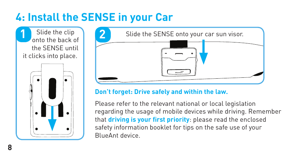 Install the sense in your car | BlueAnt Sense Speakerphone (S3 Compact) User Manual | Page 8 / 56