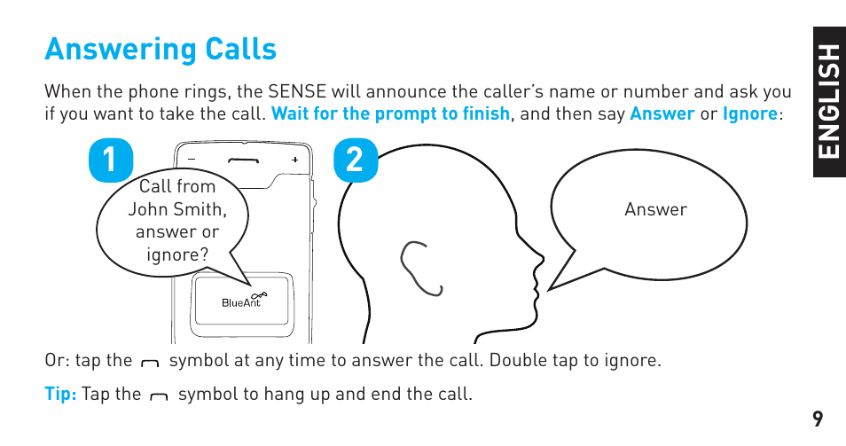 Answering calls, En g li sh | BlueAnt Sense Speakerphone (S3 Compact) User Manual | Page 9 / 56