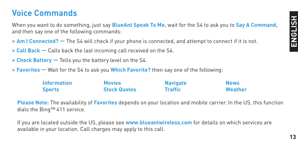 Voice commands, En g li sh | BlueAnt S4 True Handsfree User Manual | Page 13 / 32