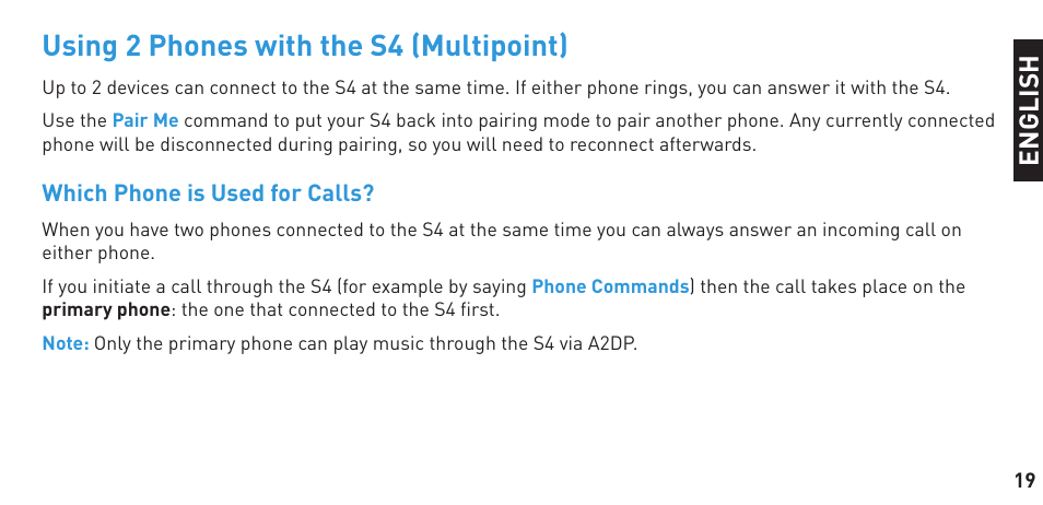 Using 2 phones with the s4 (multipoint) | BlueAnt S4 True Handsfree User Manual | Page 19 / 32