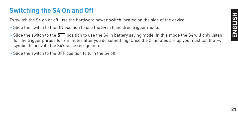 Switching the s4 on and off | BlueAnt S4 True Handsfree User Manual | Page 21 / 32