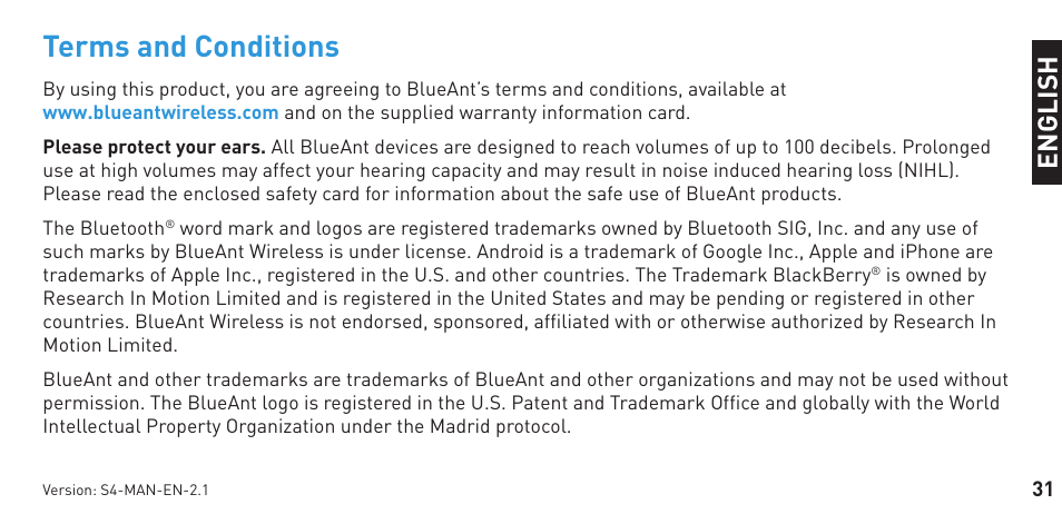 Terms and conditions, En g li sh | BlueAnt S4 True Handsfree User Manual | Page 31 / 32