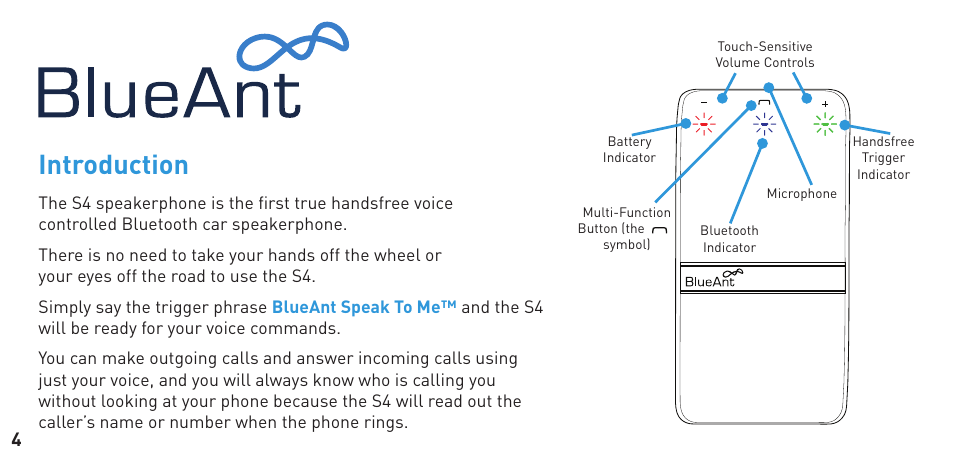 Introduction | BlueAnt S4 True Handsfree User Manual | Page 4 / 32