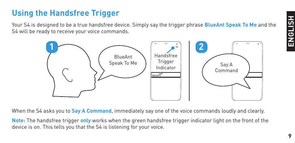 Using the handsfree trigger | BlueAnt S4 True Handsfree User Manual | Page 9 / 32