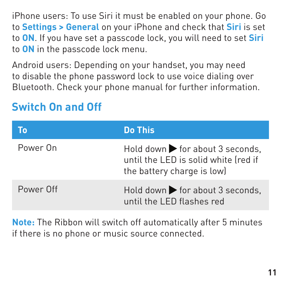 Switch on and off | BlueAnt RIBBON Stereo Bluetooth Streamer User Manual | Page 11 / 16