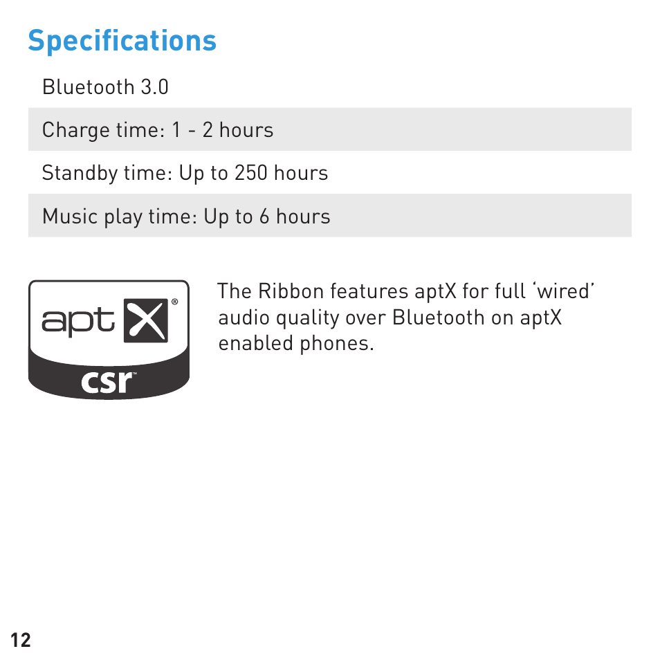 Speciﬁ cations | BlueAnt RIBBON Stereo Bluetooth Streamer User Manual | Page 12 / 16
