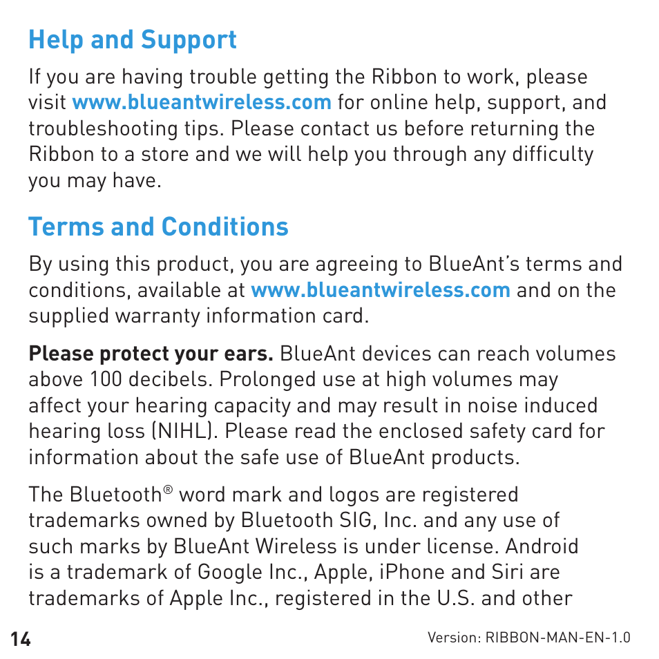 Help and support, Terms and conditions | BlueAnt RIBBON Stereo Bluetooth Streamer User Manual | Page 14 / 16