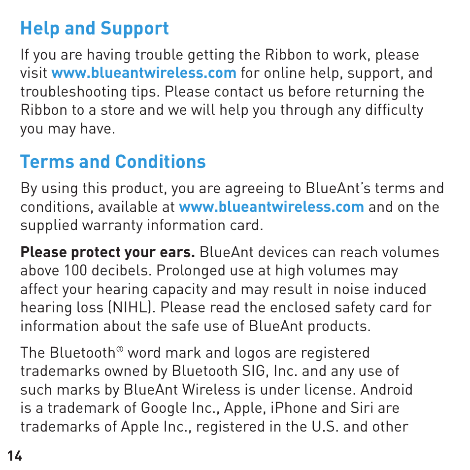 Help and support, Terms and conditions | BlueAnt RIBBON Stereo Bluetooth Streamer User Manual | Page 14 / 48