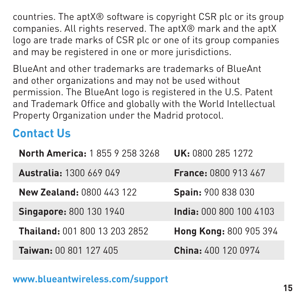 Contact us | BlueAnt RIBBON Stereo Bluetooth Streamer User Manual | Page 15 / 48