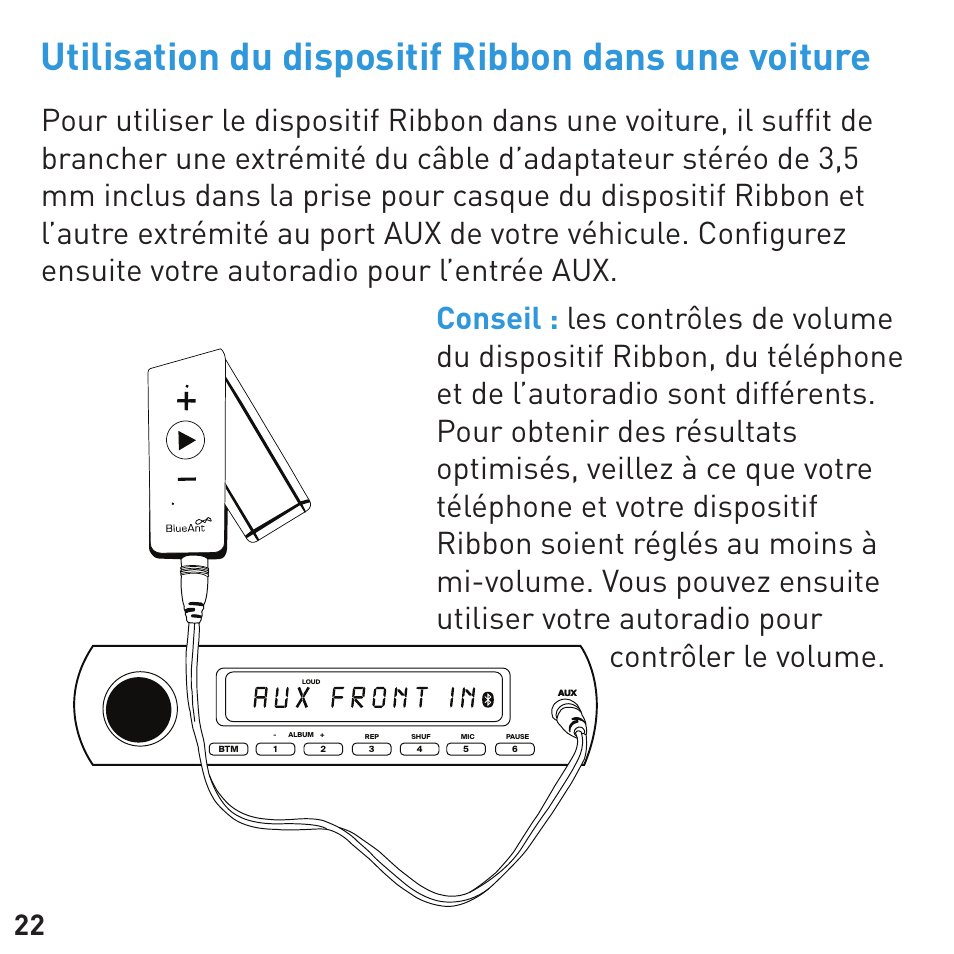 Utilisation du dispositif ribbon dans une voiture | BlueAnt RIBBON Stereo Bluetooth Streamer User Manual | Page 22 / 48