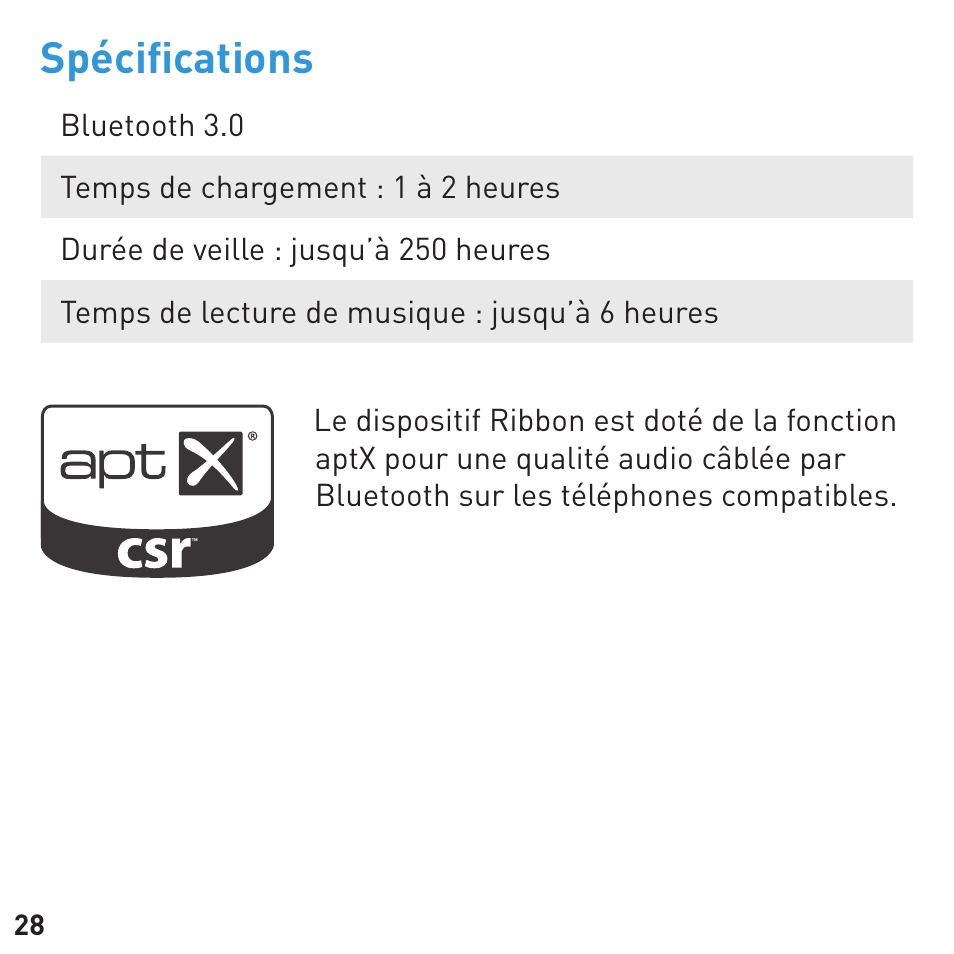 Spéciﬁcations | BlueAnt RIBBON Stereo Bluetooth Streamer User Manual | Page 28 / 48