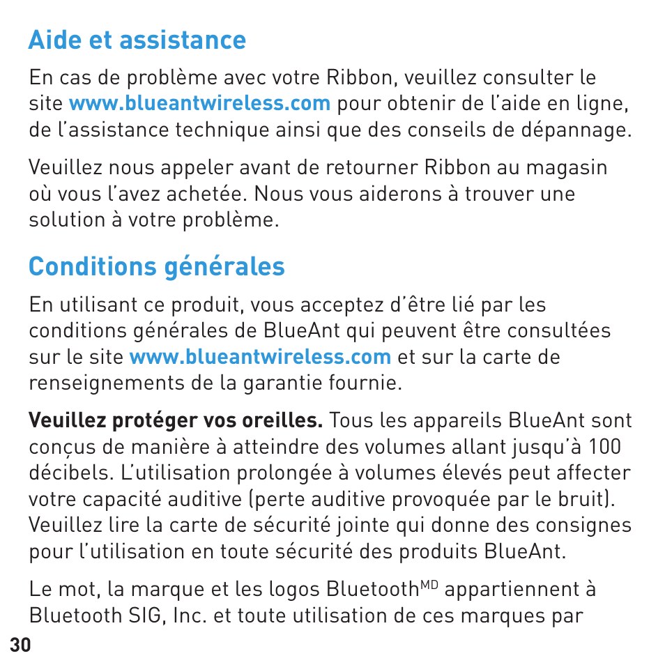 Aide et assistance, Conditions générales | BlueAnt RIBBON Stereo Bluetooth Streamer User Manual | Page 30 / 48