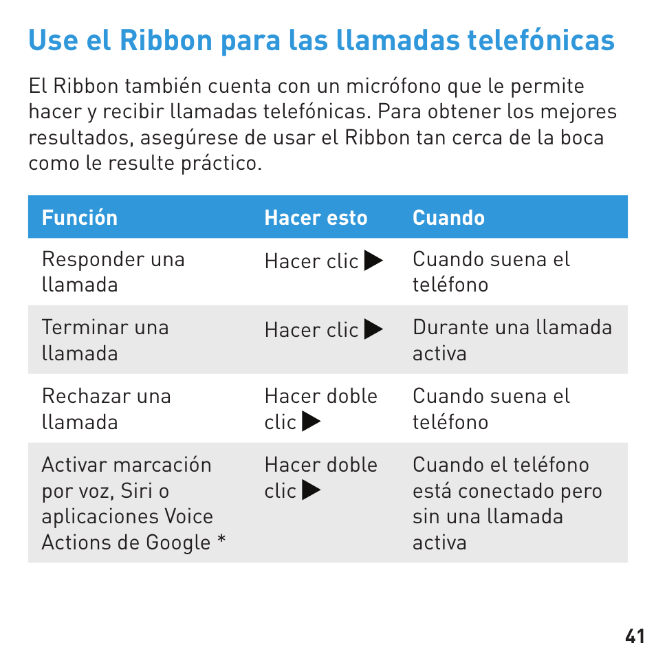 Use el ribbon para las llamadas telefónicas | BlueAnt RIBBON Stereo Bluetooth Streamer User Manual | Page 41 / 48
