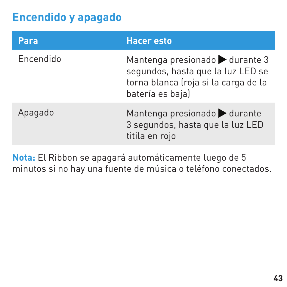 Encendido y apagado | BlueAnt RIBBON Stereo Bluetooth Streamer User Manual | Page 43 / 48