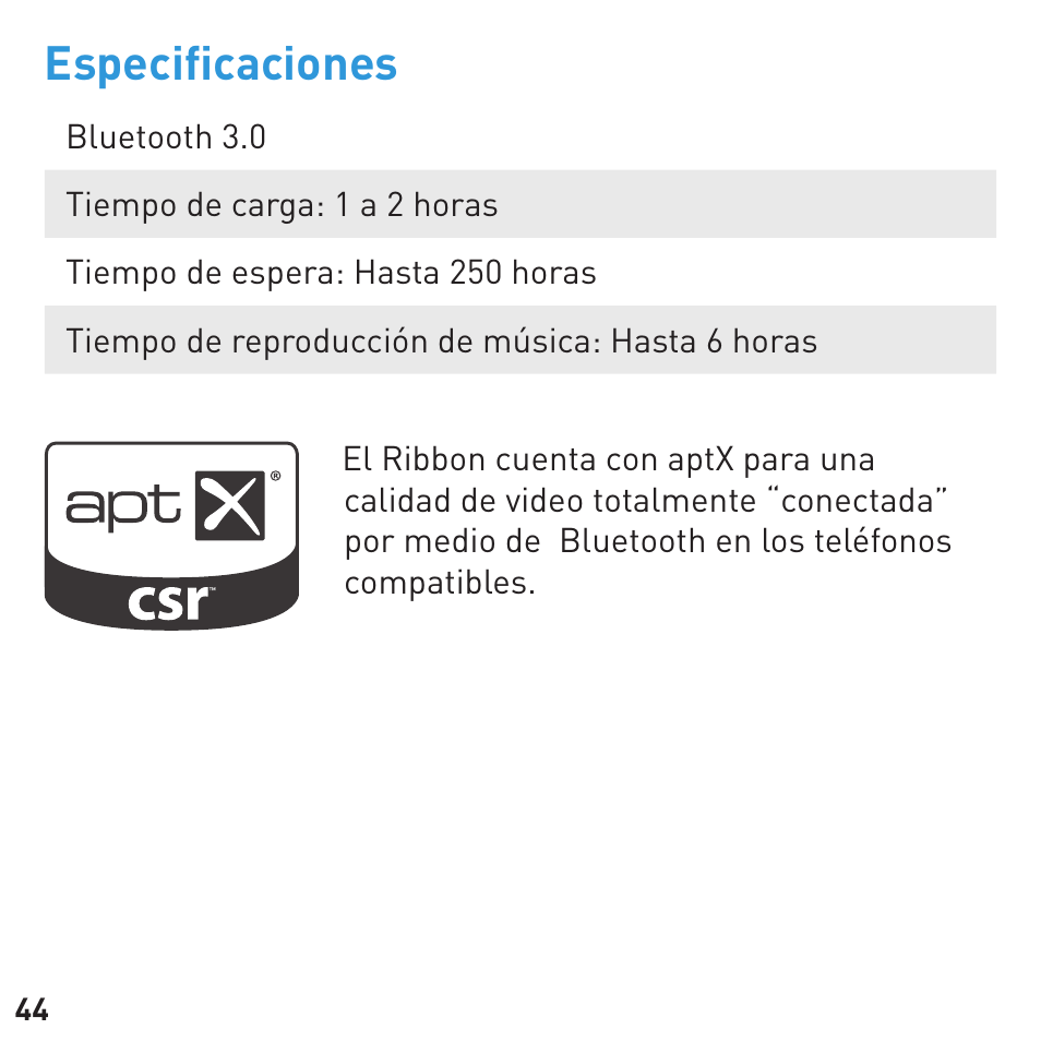 Especiﬁ caciones | BlueAnt RIBBON Stereo Bluetooth Streamer User Manual | Page 44 / 48