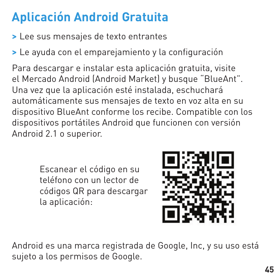Aplicación android gratuita | BlueAnt RIBBON Stereo Bluetooth Streamer User Manual | Page 45 / 48