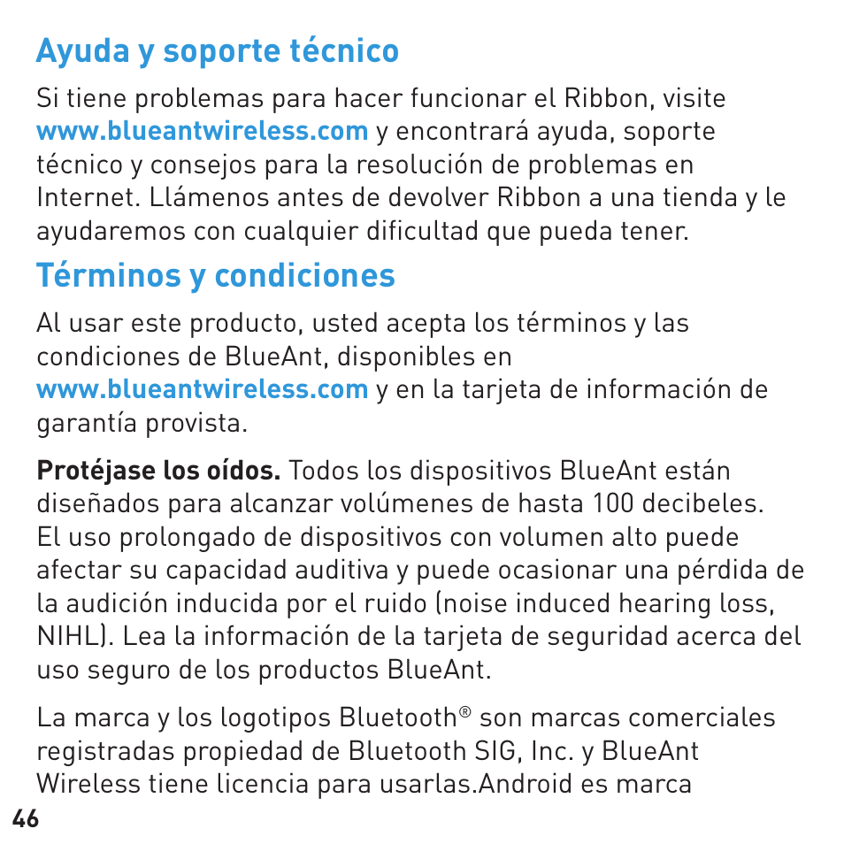 Ayuda y soporte técnico, Términos y condiciones | BlueAnt RIBBON Stereo Bluetooth Streamer User Manual | Page 46 / 48