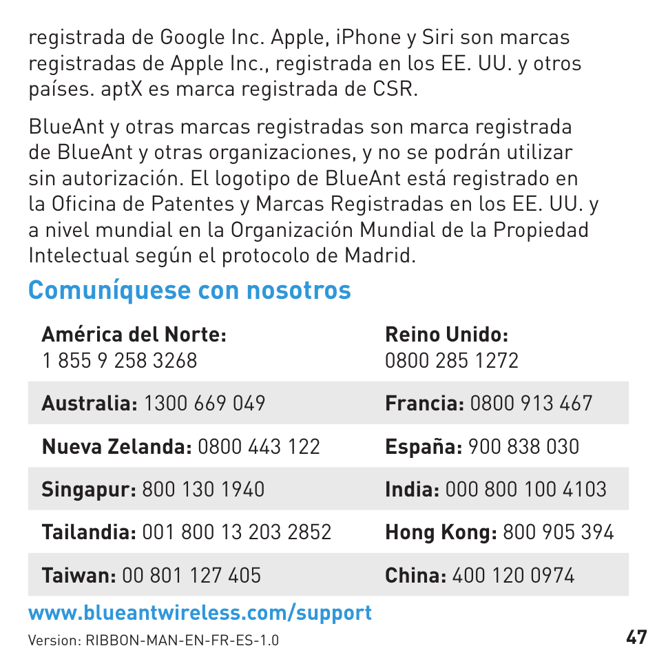 Comuníquese con nosotros | BlueAnt RIBBON Stereo Bluetooth Streamer User Manual | Page 47 / 48