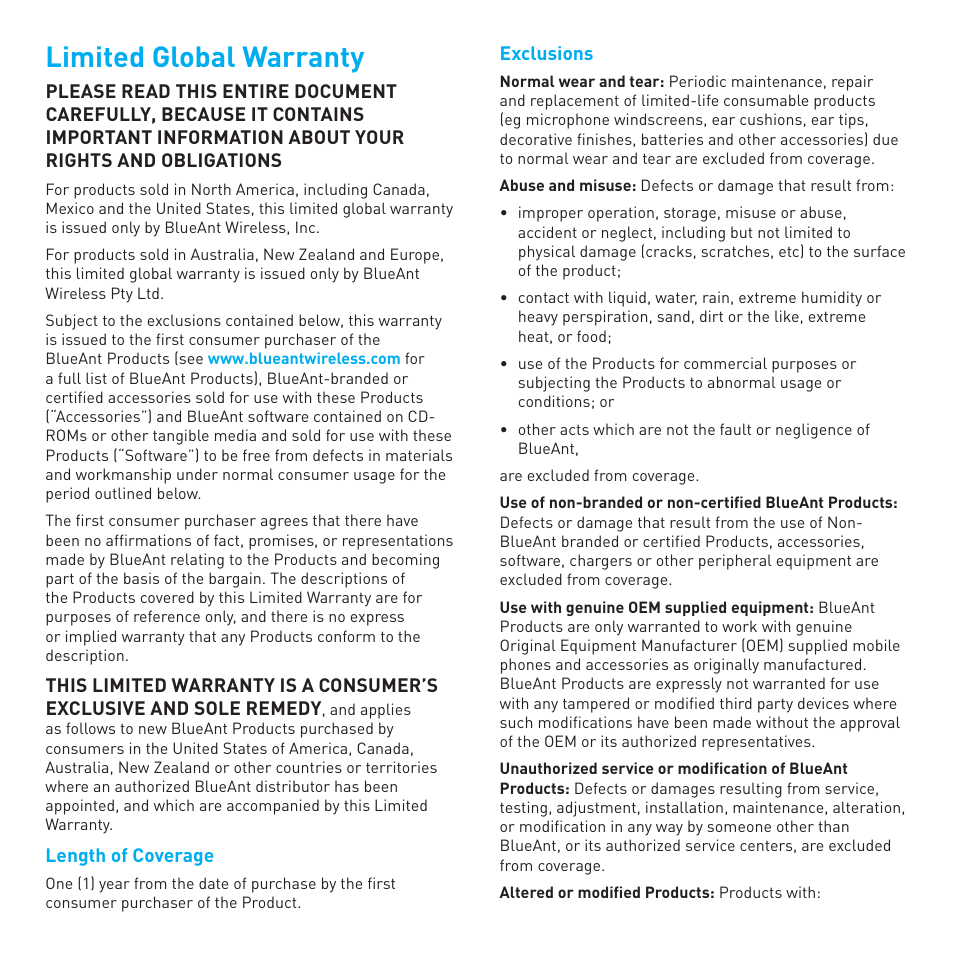 Limited global warranty | BlueAnt EMBRACE Stereo Headphones User Manual | Page 8 / 12
