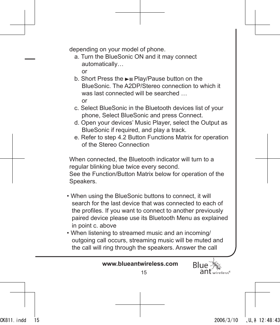 BlueAnt Bluesonic Bluetooth Portable Speakers User Manual | Page 15 / 40