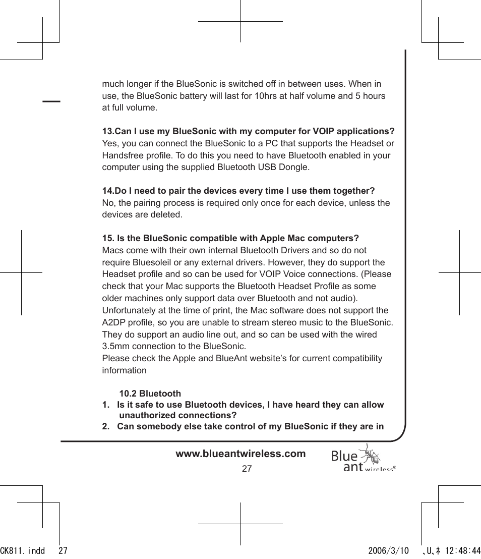 BlueAnt Bluesonic Bluetooth Portable Speakers User Manual | Page 27 / 40