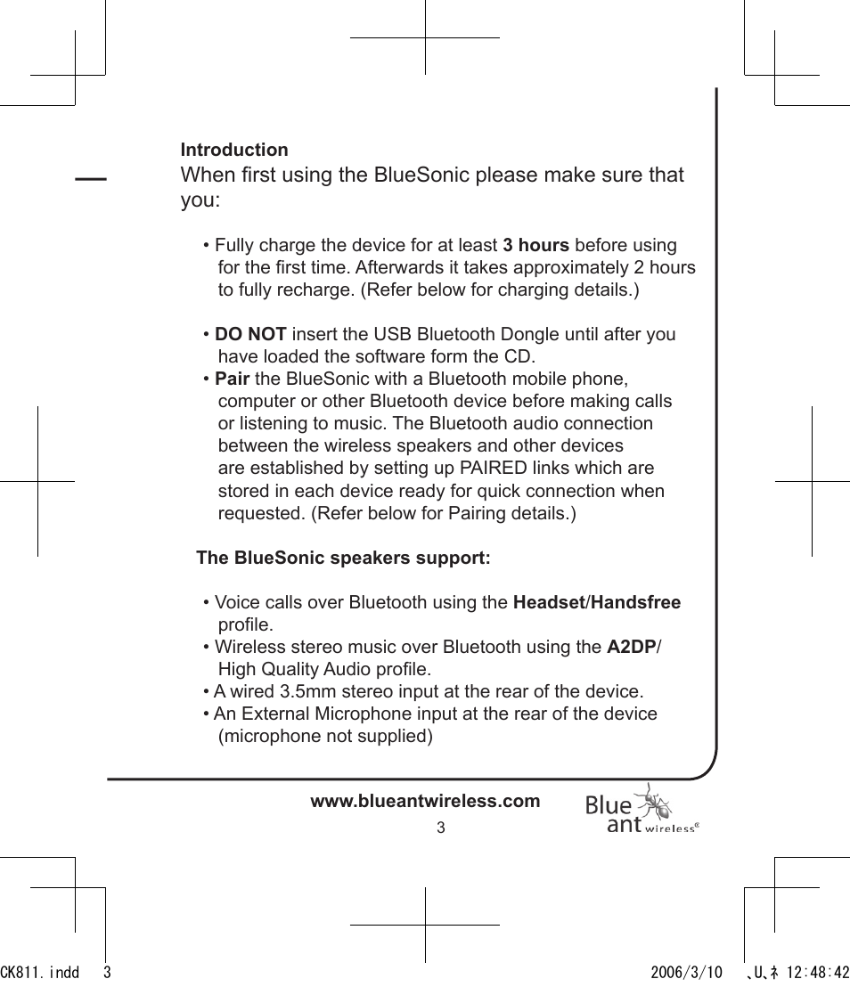BlueAnt Bluesonic Bluetooth Portable Speakers User Manual | Page 3 / 40