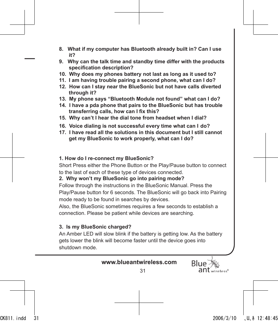 BlueAnt Bluesonic Bluetooth Portable Speakers User Manual | Page 31 / 40