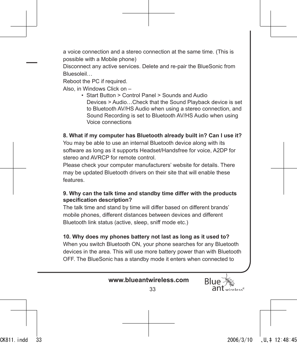 BlueAnt Bluesonic Bluetooth Portable Speakers User Manual | Page 33 / 40