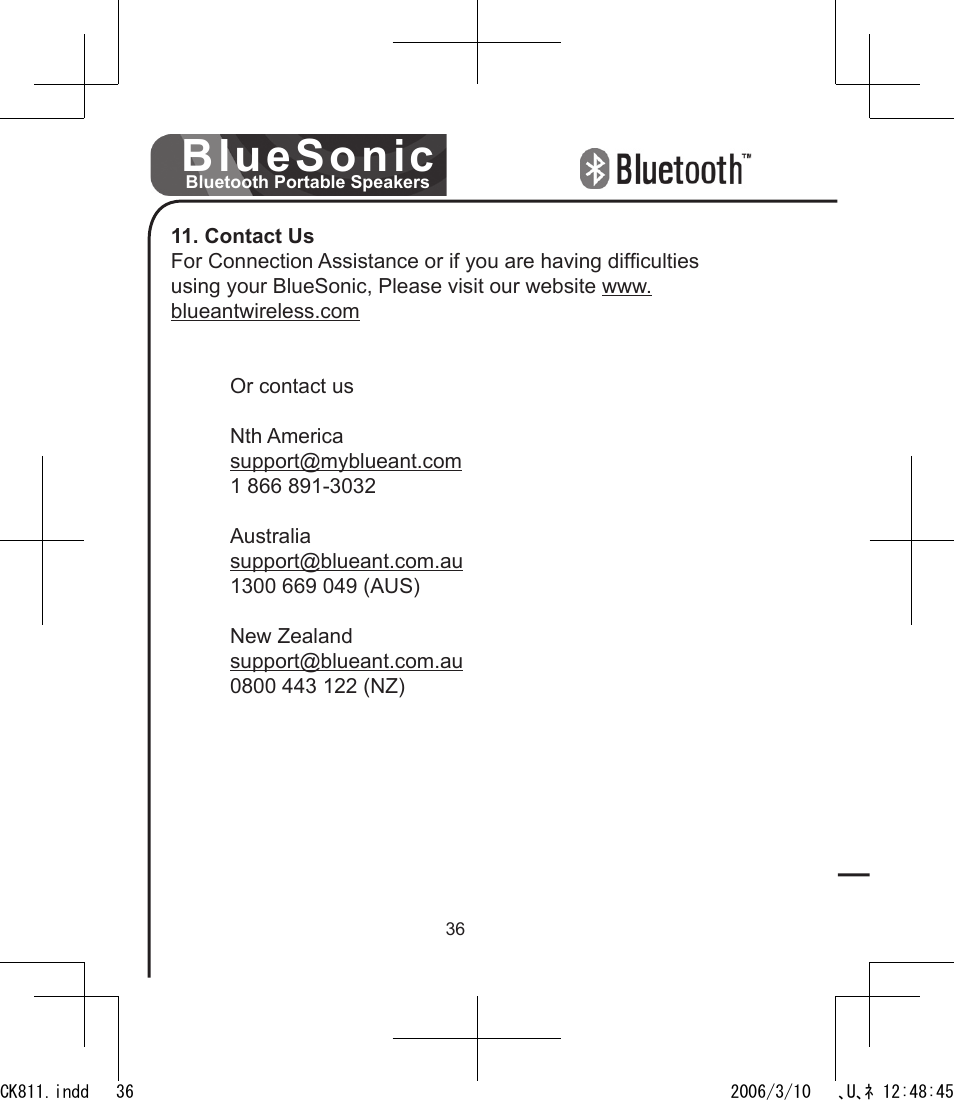 Bluesonic | BlueAnt Bluesonic Bluetooth Portable Speakers User Manual | Page 36 / 40